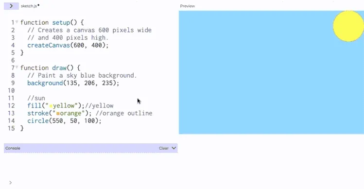 After coloring a circle yellow using fill(“yellow”), a user coding in the p5.js Web Editor clicks on the yellow square that appears next to the HTML color “yellow”. This reveals the color tool which is used to select a red color. The user then clicks the code editor causing the color of the circle to change from yellow to red.