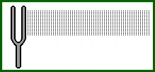 A tuning fork vibrates the particles of matter around it, creating a pressure wave of sound energy illustrated by a repeating pattern of particles that are compressed together, and particles that are spread out. The particles of matter carry the sound wave from left to right as they bump into one another